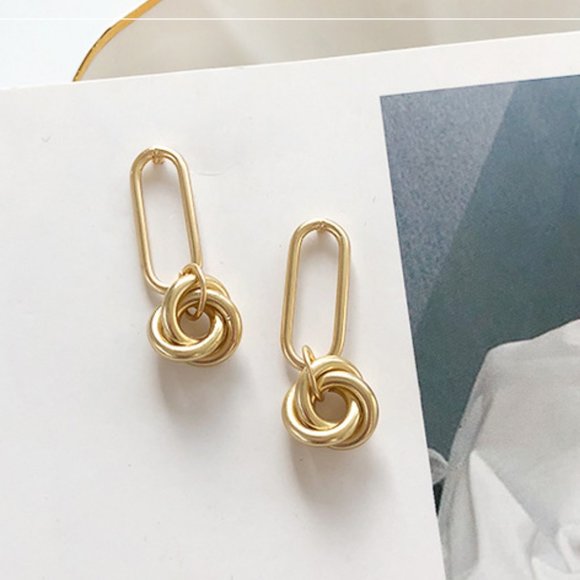 Last one  Matte Gold Geometric Drop Earrings - Picture 3 of 5